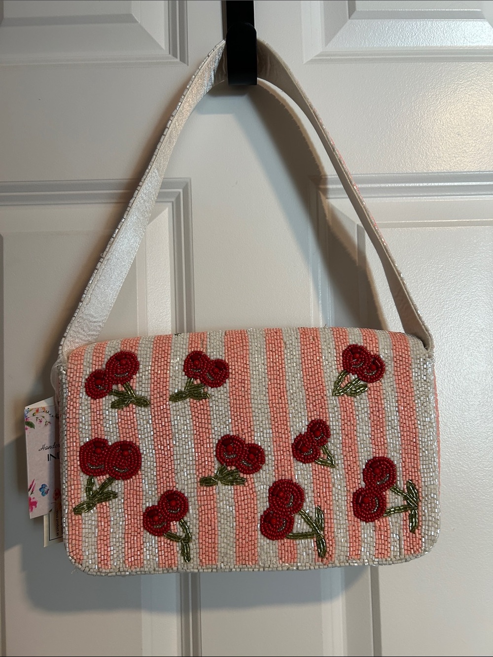 NWT Hand Crafted in India Beaded Striped Cherry Pattern Shoulder Bag - Picture 4 of 5